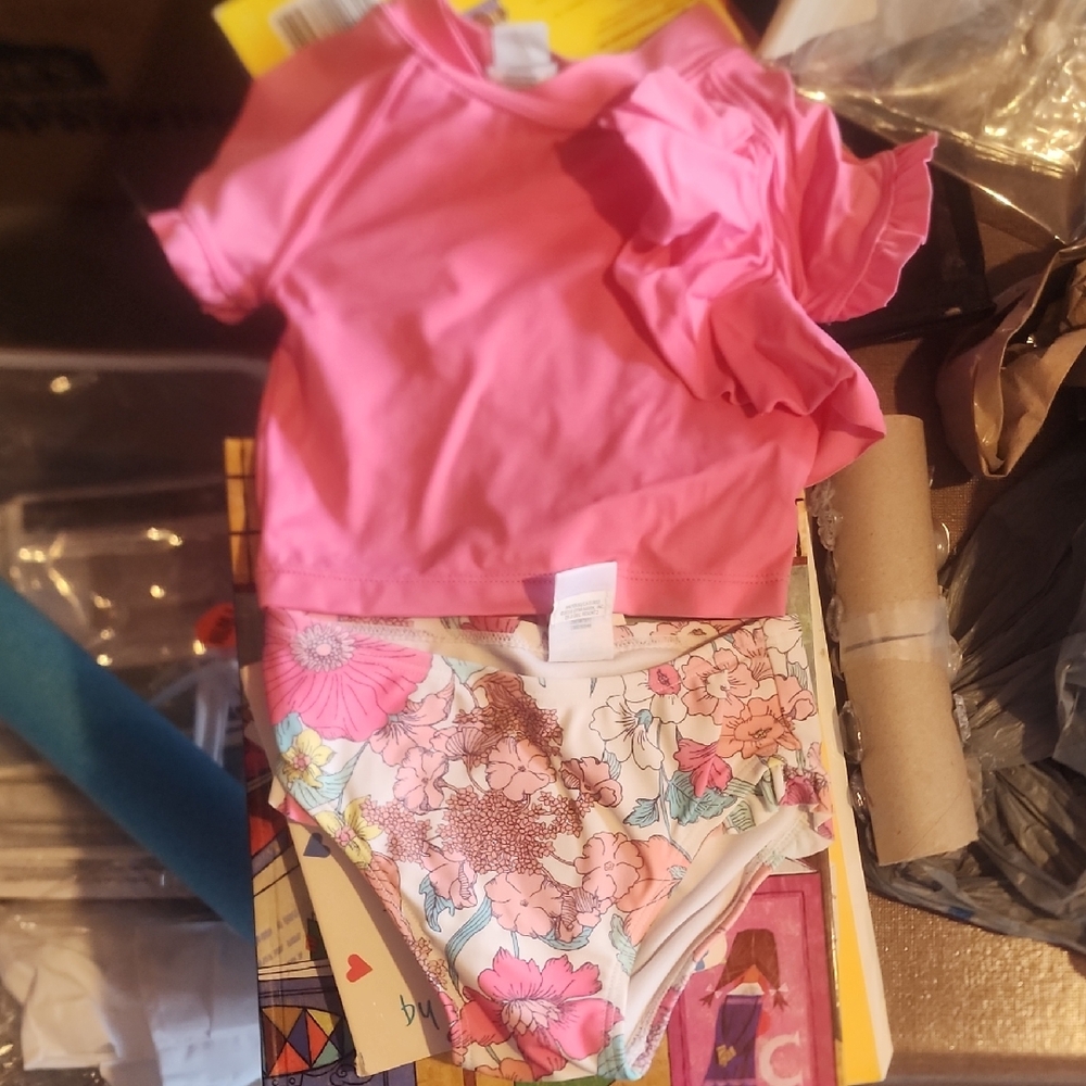 Sz 12-18 Months Janie and Jack Pink Floral Baby Rash Guard & Bikini Bottom